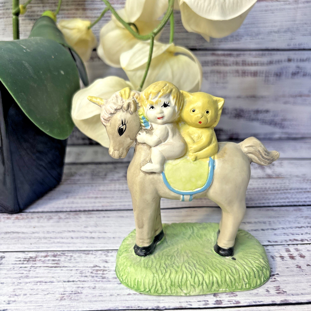 Vintage GOT Hand Painted Unicorn Nursery Figurine Baby and Teddy Bear on Back